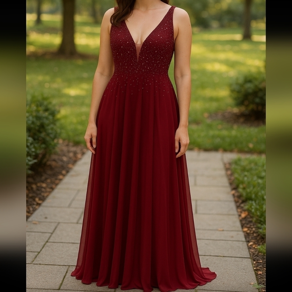 Betsy & Adam Burgundy Red V-Neck Sparkle Long Formal Prom Evening Dress